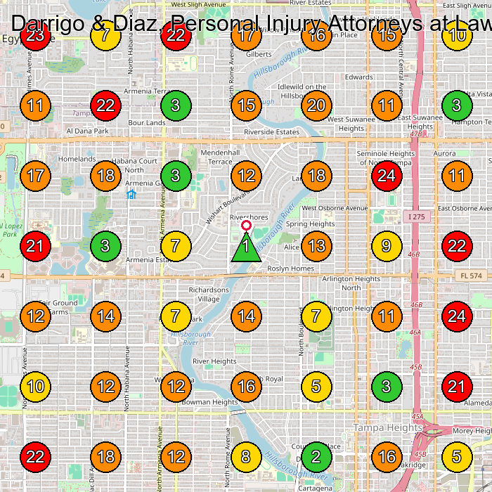 Darrigo & Diaz, Personal Injury Attorneys at Law Personal Injury Attorney GeoGrid ranking map for Tampa FL